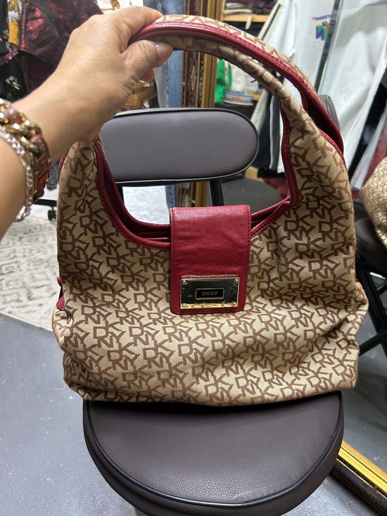 Dkny Handbags - DKNY Beige Monogram Hobo with Red Trim